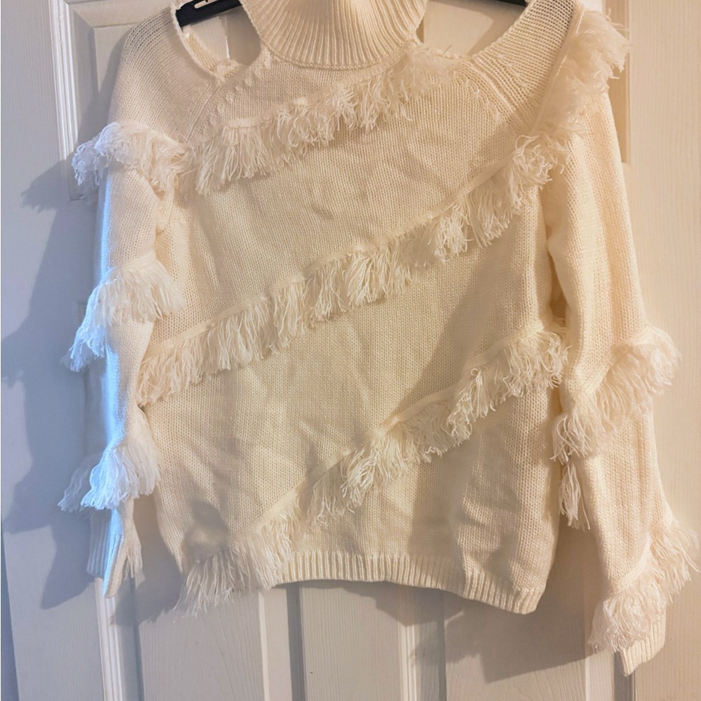 Cato Cream Fringed Cold Shoulder Turtleneck Sweater